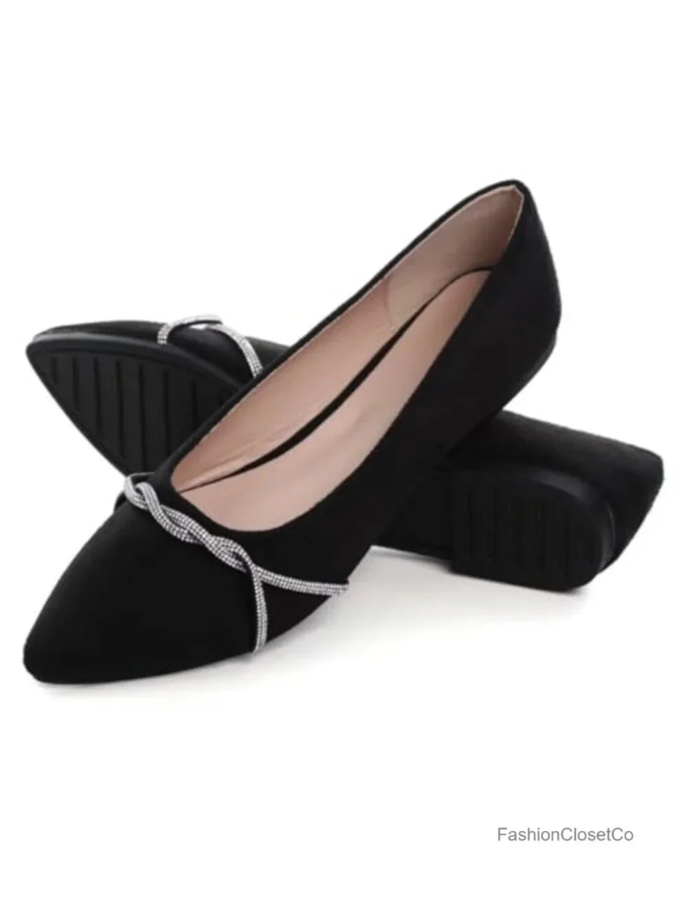Womens Suede Pointed Toe Rhinestone Ballet Flats Slip On Comfort Dress Shoes - Picture 3 of 6